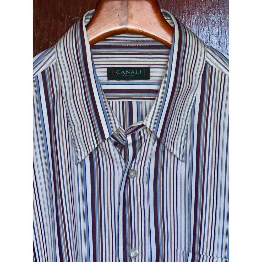 CANALI BLUE BROWN YELLOW STRIPE ON WHITE COTTON L/S SHIRT MADE IN ITALY LARGE L